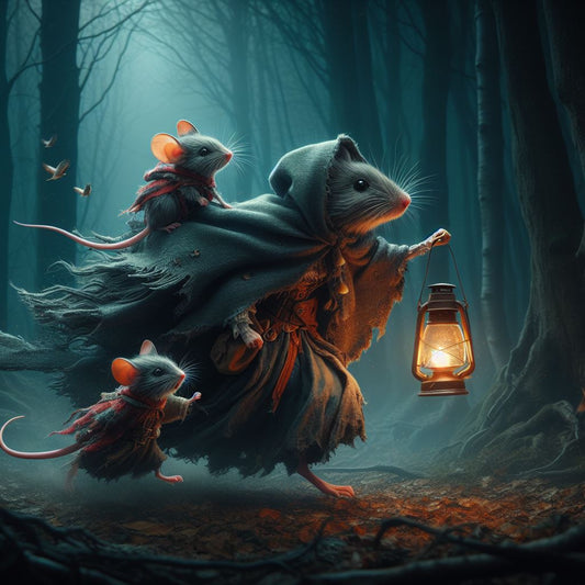 animated mother mouse running away with two little mice holding a latern, similar to 80s cartoon The Secret of NIMH