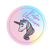 Unicorn profile with multicolored mane with the words "retro unicorn" on the right side