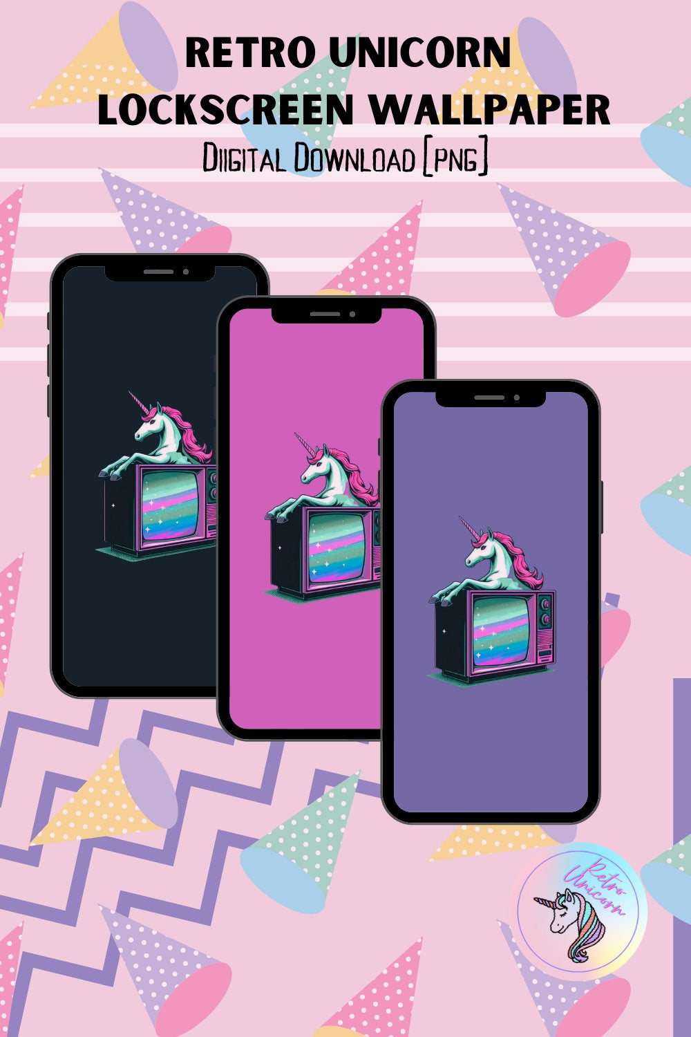 Unicorn Lockscreen Wallpaper Set of 3, Cartoon Character, unicorn TV, 80s PNG 90s PNG, 90s graphic, 80s aesthetic, 90s nostalgia