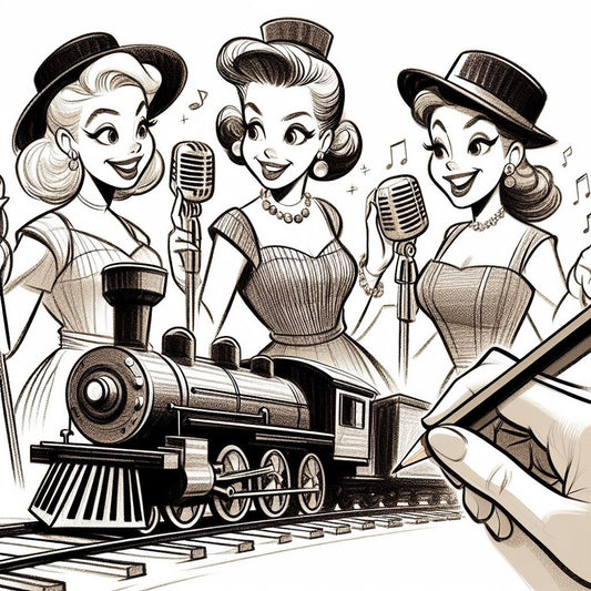 1940s Disney style female singing group with a locomotive