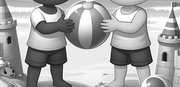 Black and White drawing of two children holding a beach ball together