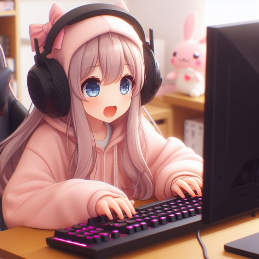 Otaku Anime Girl Playing a PC Computer Game
