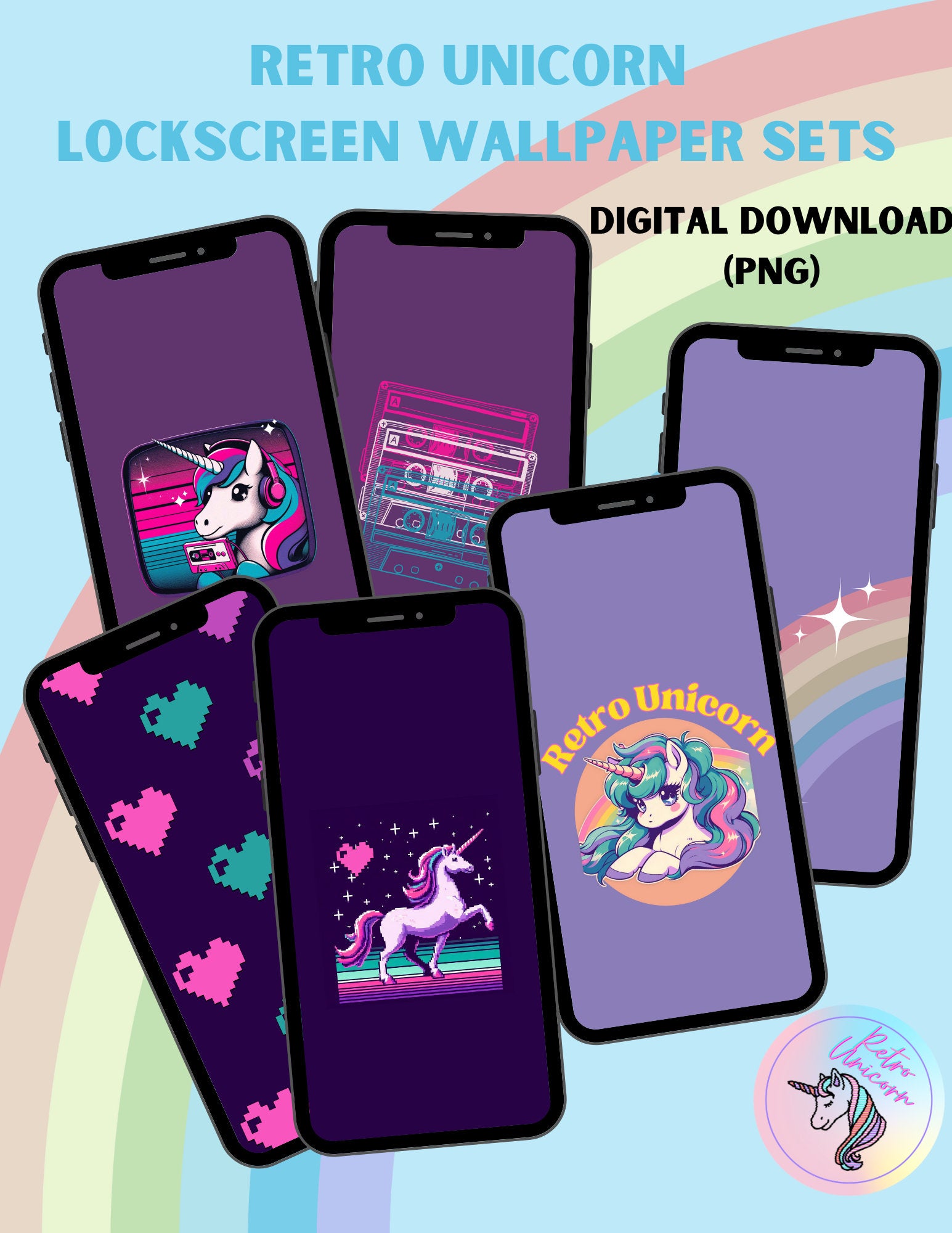 Unicorn Lockscreen Wallpaper bundle, 80s PNG 90s PNG, 90s graphic, 90s nostalgia, Video Game, Anime, 90s cartoons, 80s aesthetic
